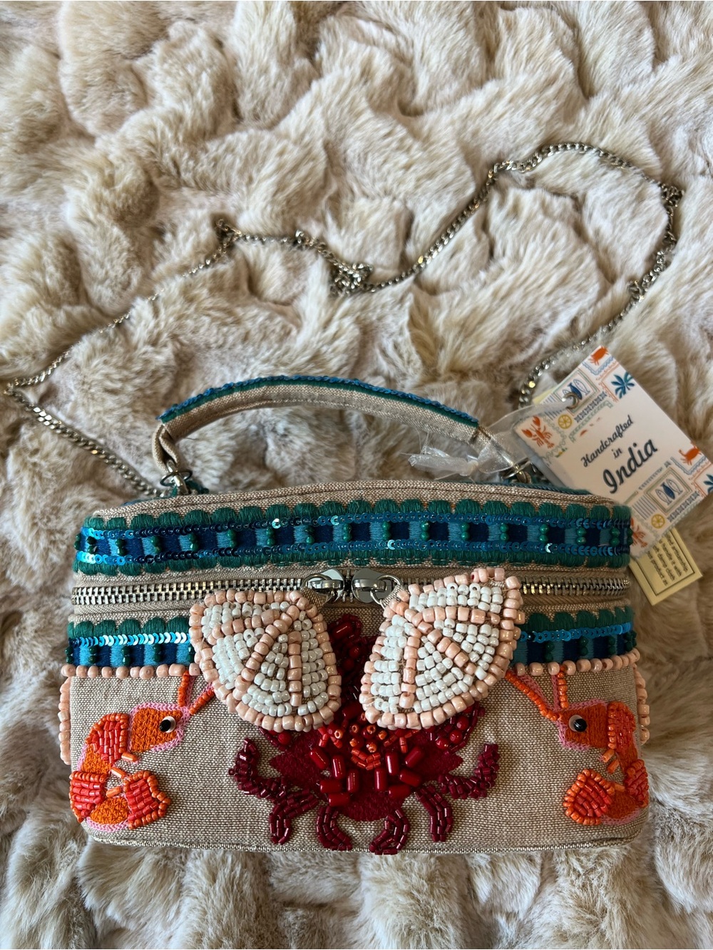 NWT Viral Beaded Crab Vanity & Crossbody Bag - Teal & Coral Handmade in India